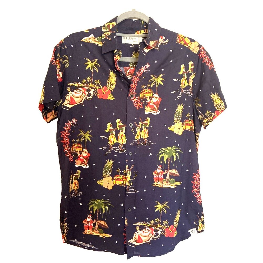 Men’s Free Planet Short Sleeve Button Up CHRISTMAS HAWAIIAN  Shirt SIZE S